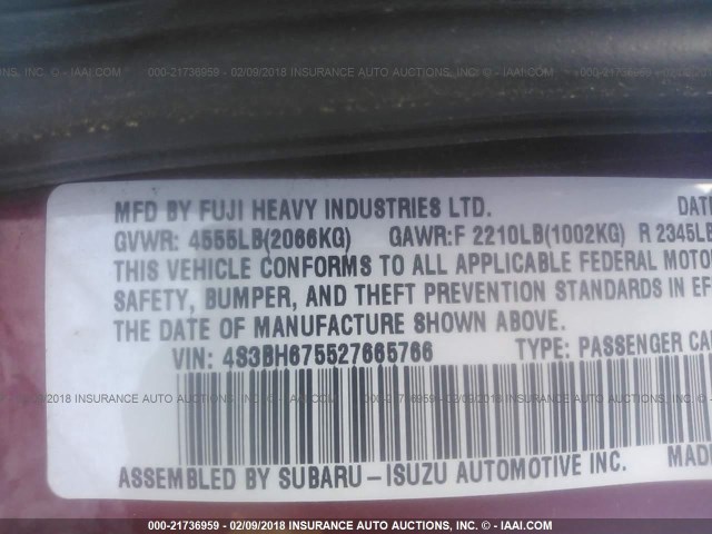 4S3BH675527665766 - 2002 SUBARU LEGACY OUTBACK AWP 红色 照片 9