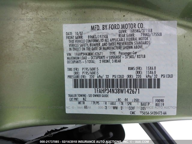 1FAHP34N38W142671 - 2008 FORD FOCUS S/SE GREEN photo 9