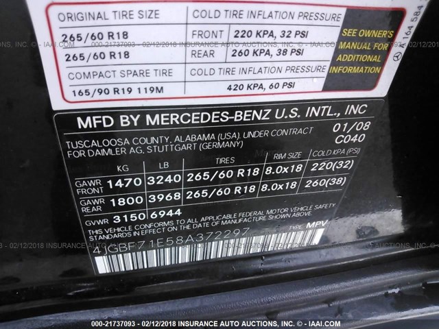 4JGBF71E58A372297 - 2008 MERCEDES-BENZ GL 450 4MATIC BLACK photo 9