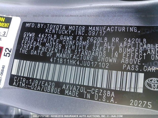 4T1B11HK4JU017102 - 2018 TOYOTA CAMRY L/LE/XLE/SE/XSE SILVER photo 9