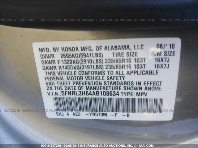 5FNRL3H64AB108634 - 2010 HONDA ODYSSEY EXL GOLD photo 9