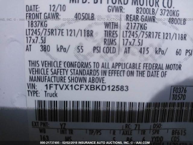 1FTVX1CFXBKD12583 - 2011 FORD F150 SUPER CAB WHITE photo 9