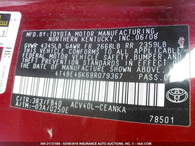 4T4BE46K69R079367 - 2009 TOYOTA CAMRY SE/LE/XLE RED photo 9