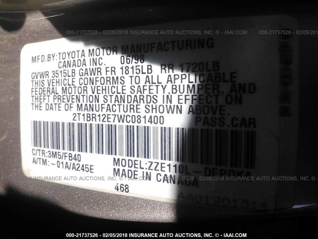 2T1BR12E7WC081400 - 1998 TOYOTA COROLLA VE/CE/LE 灰色 照片 9