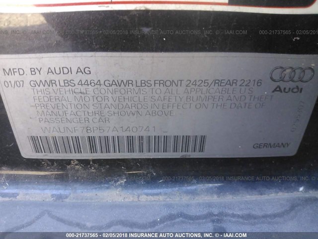 WAUNF78P57A140741 - 2007 AUDI A3 2.0 PREMIUM BLACK photo 9