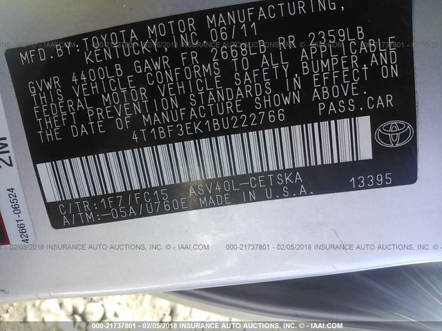 4T1BF3EK1BU222766 - 2011 TOYOTA CAMRY SE/LE/XLE SILVER photo 9