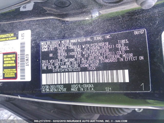 5TFRT54147X012233 - 2007 TOYOTA TUNDRA DOUBLE CAB SR5 BLACK photo 9