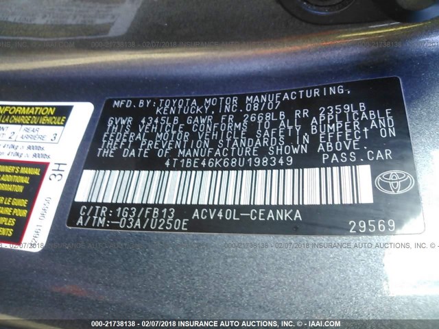 4T1BE46K68U198349 - 2008 TOYOTA CAMRY CE/LE/XLE/SE GRAY photo 9