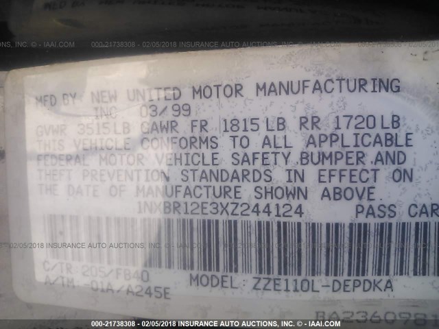 1NXBR12E3XZ244124 - 1999 TOYOTA COROLLA VE/CE/LE 黑色 照片 9