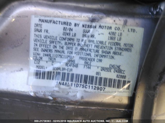 1N4AL11D75C112907 - 2005 NISSAN ALTIMA S/SL GRAY photo 9