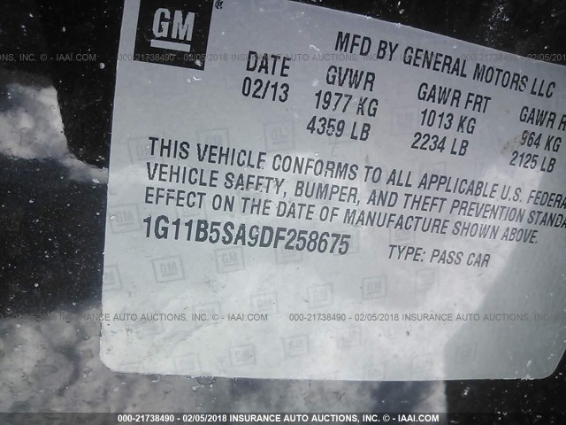 1G11B5SA9DF258675 - 2013 CHEVROLET MALIBU LS შავი ფოტო 9