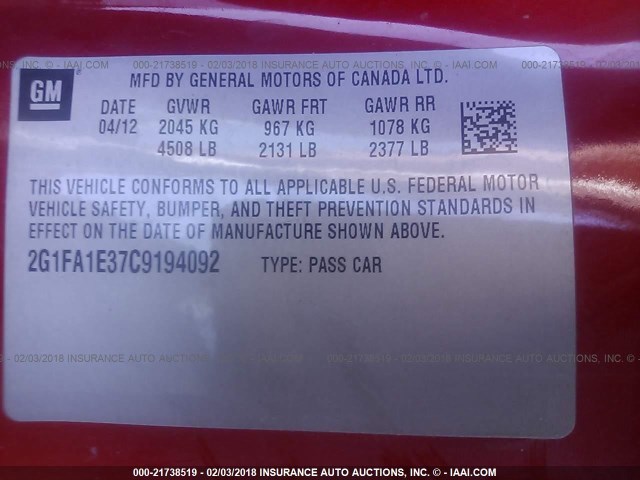 2G1FA1E37C9194092 - 2012 CHEVROLET CAMARO LS RED photo 9