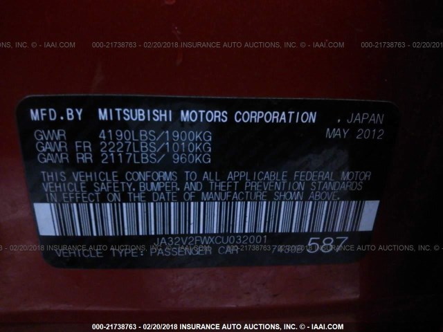 JA32V2FWXCU032001 - 2012 MITSUBISHI LANCER SE RED photo 9