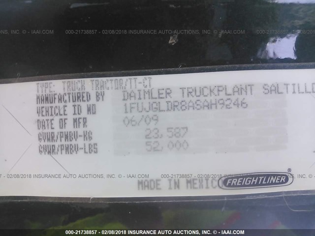 1FUJGLDR8ASAH9246 - 2010 FREIGHTLINER CASCADIA 125  GREEN photo 10