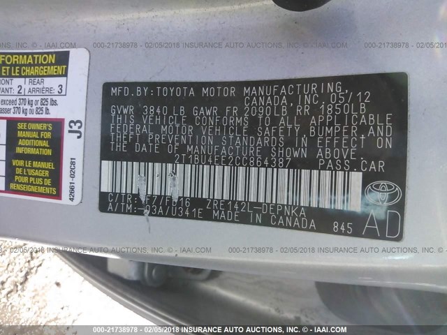 2T1BU4EE2CC864387 - 2012 TOYOTA COROLLA S/LE SILVER photo 9