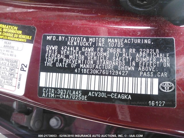 4T1BE30K76U129427 - 2006 TOYOTA CAMRY LE/XLE/SE RED photo 9