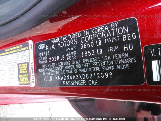 KNADN4A3XD6312393 - 2013 KIA RIO EX/SX RED photo 9