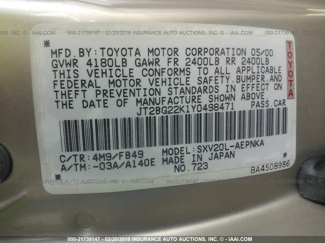 JT2BG22K1Y0498471 - 2000 TOYOTA CAMRY CE/LE/XLE 棕色 照片 9
