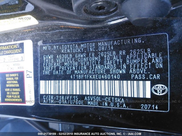4T1BF1FKXEU460140 - 2014 TOYOTA CAMRY L/SE/LE/XLE 黑色 照片 9