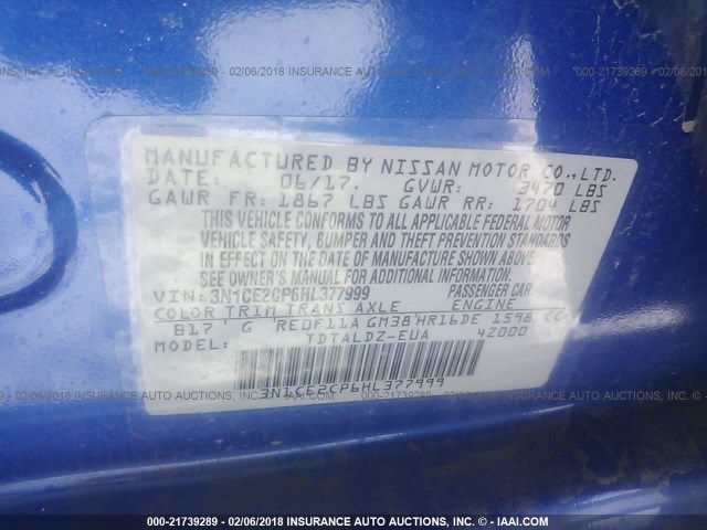 3N1CE2CP6HL377999 - 2017 NISSAN VERSA NOTE S/S PLUS/SV/SL/SR BLUE photo 9