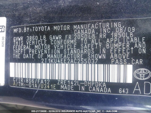 2T1KU4EE2AC255037 - 2010 TOYOTA COROLLA MATRIX  BLUE photo 9