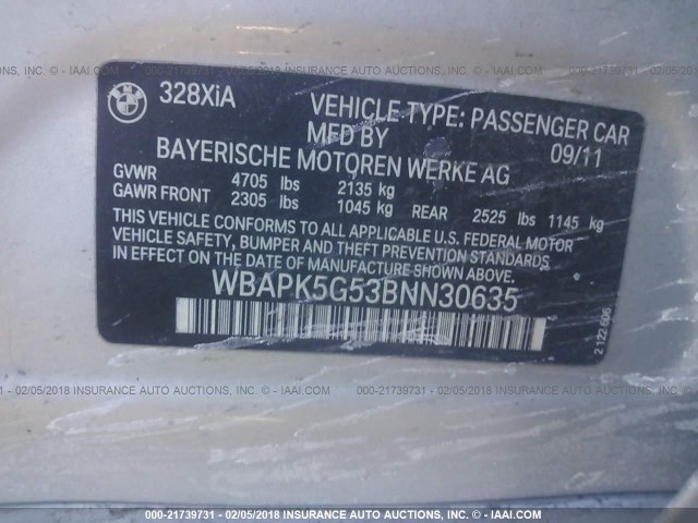 WBAPK5G53BNN30635 - 2011 BMW 328 XI SULEV SILVER photo 9