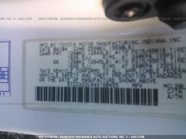 5TDZA23C44S160455 - 2004 TOYOTA SIENNA CE/LE WHITE photo 9