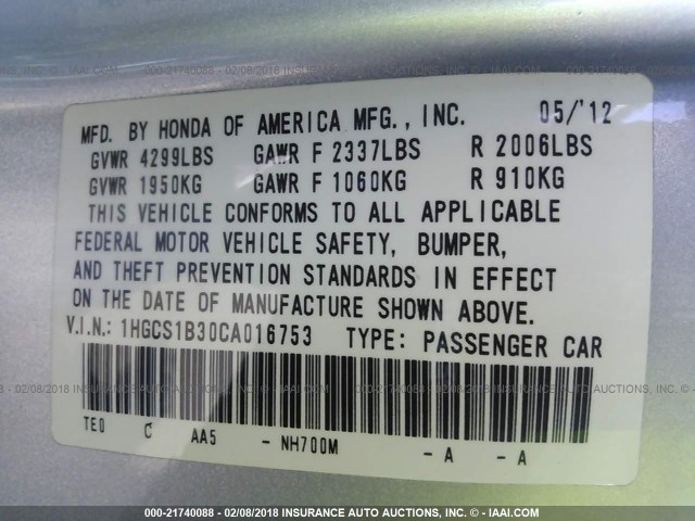 1HGCS1B30CA016753 - 2012 HONDA ACCORD LX ვერცხლისფერი ფოტო 9