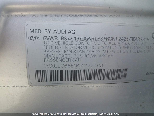 WAULC68E04A227483 - 2004 AUDI A4 1.8T QUATTRO SILVER photo 9