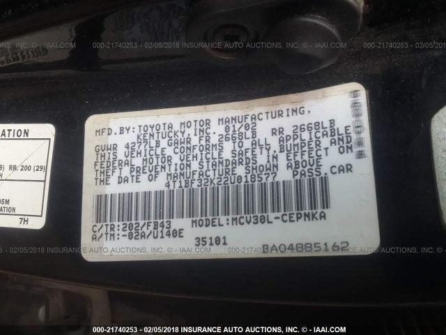 4T1BF32K22U018577 - 2002 TOYOTA CAMRY LE/XLE/SE BLACK photo 9