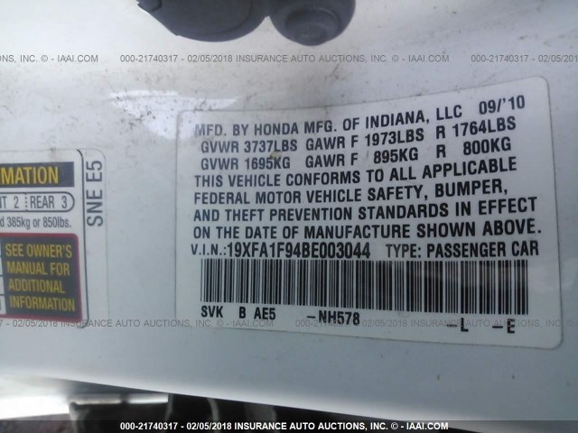 19XFA1F94BE003044 - 2011 HONDA CIVIC EXL Ağ foto 9