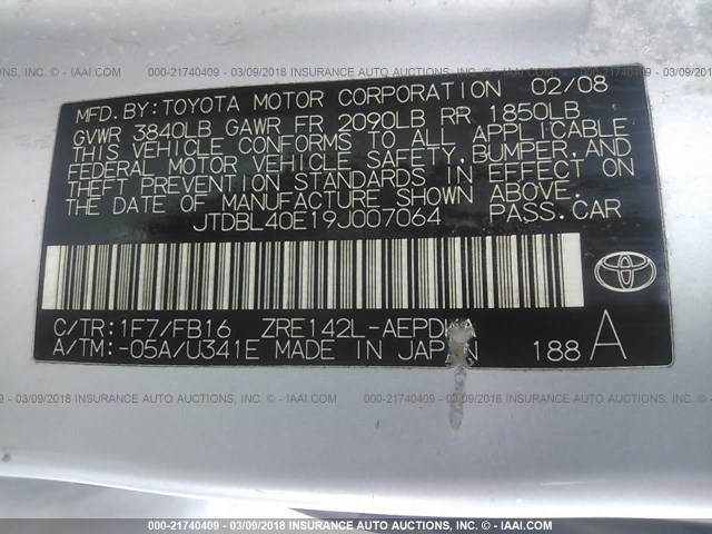 JTDBL40E19J007064 - 2009 TOYOTA COROLLA LE/XLE SILVER photo 9