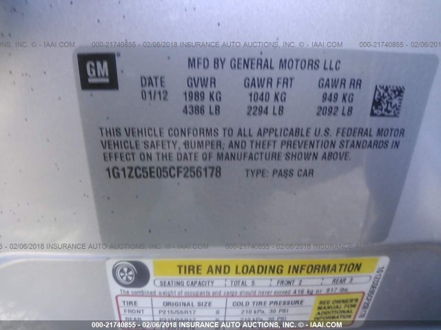 1G1ZC5E05CF256178 - 2012 CHEVROLET MALIBU 1LT ვერცხლისფერი ფოტო 9