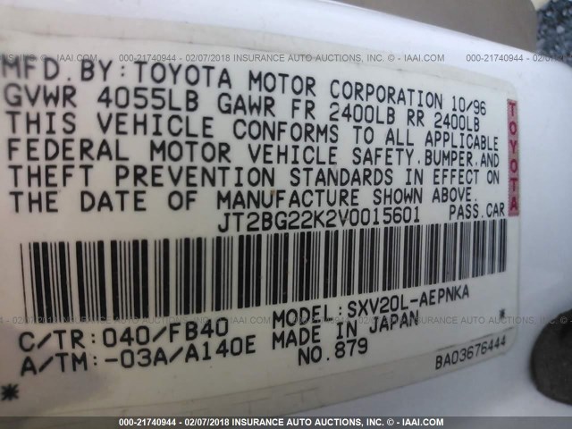 JT2BG22K2V0015601 - 1997 TOYOTA CAMRY LE/XLE Weiß Foto 9