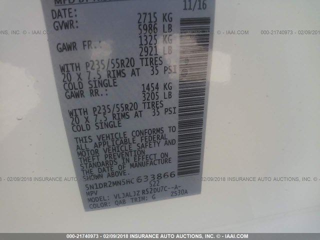 5N1DR2MN5HC633866 - 2017 NISSAN PATHFINDER S/SV/SL/PLATINUM 白色 照片 9