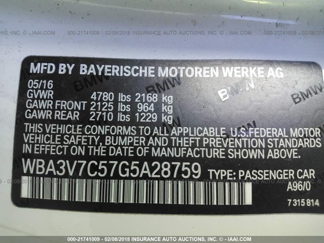 WBA3V7C57G5A28759 - 2016 BMW 428 I/SULEV WHITE photo 9