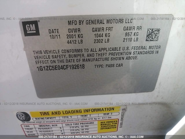 1G1ZC5E04CF192618 - 2012 CHEVROLET MALIBU 1LT 白色 照片 9