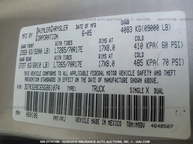3D7KS28C65G861074 - 2005 DODGE RAM 2500 ST/SLT 银色 照片 9