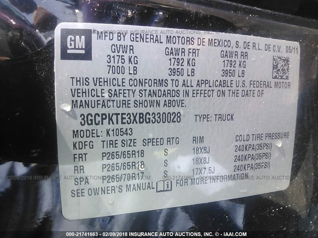 3GCPKTE3XBG330028 - 2011 CHEVROLET SILVERADO K1500 LTZ BLACK photo 9