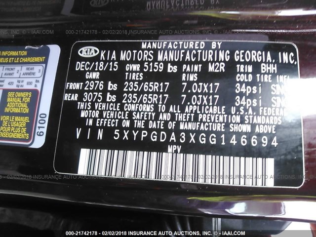 5XYPGDA3XGG146694 - 2016 KIA SORENTO LX/L MAROON photo 9