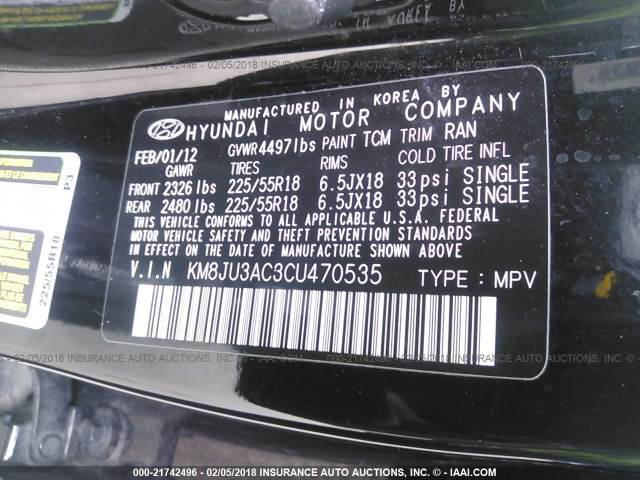 KM8JU3AC3CU470535 - 2012 HYUNDAI TUCSON GLS/LIMITED შავი ფოტო 9