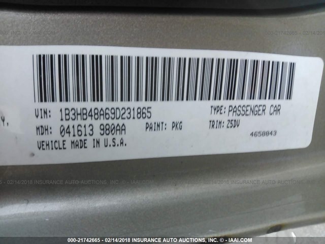 1B3HB48A69D231865 - 2009 DODGE CALIBER SXT GOLD photo 9