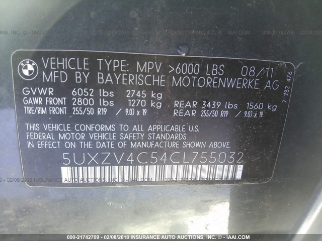 5UXZV4C54CL755032 - 2012 BMW X5 XDRIVE35I GRAY photo 9