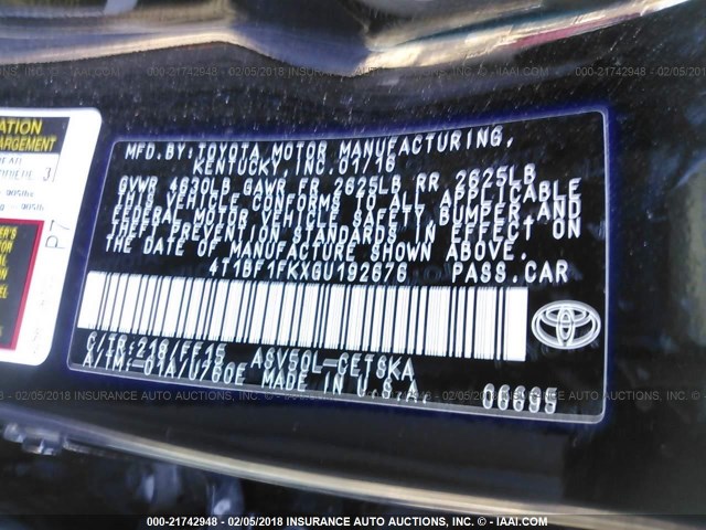 4T1BF1FKXGU192676 - 2016 TOYOTA CAMRY LE/XLE/SE/XSE Schwarz Foto 9