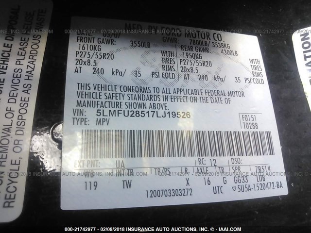 5LMFU28517LJ19526 - 2007 LINCOLN NAVIGATOR 黑色 照片 9