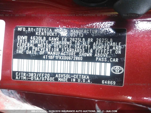 4T1BF1FKXDU672860 - 2013 TOYOTA CAMRY L/SE/LE/XLE RED photo 9