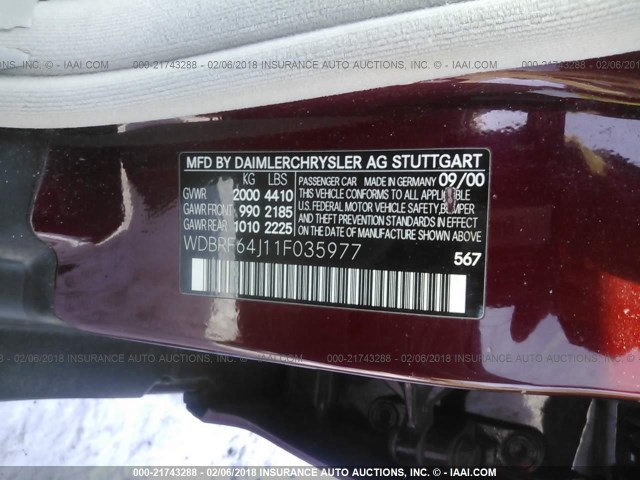 WDBRF64J11F035977 - 2001 MERCEDES-BENZ C 320 BURGUNDY photo 9