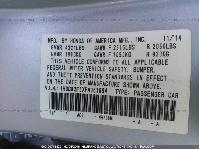 1HGCR2F5XFA061894 - 2015 HONDA ACCORD SPORT 银色 照片 9