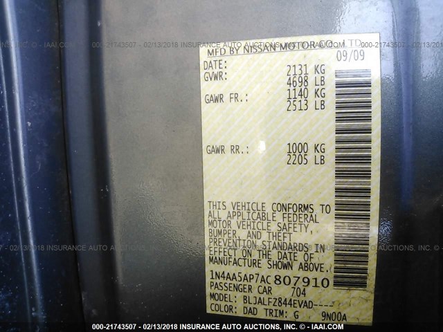 1N4AA5AP7AC807910 - 2010 NISSAN MAXIMA S/SV GRAY photo 9