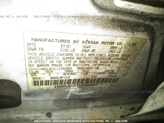 1N4DL01D11C242828 - 2001 NISSAN ALTIMA XE/GXE/SE WHITE photo 9